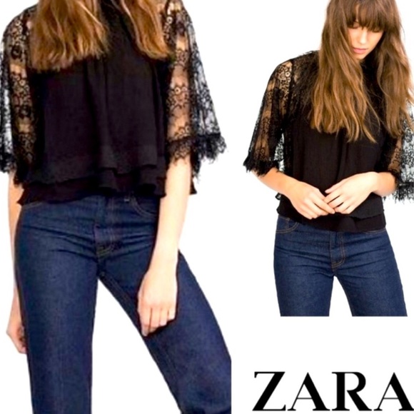 Zara Women’s Black Lace Crop 3/4 Sleeves Mock Neck Top Size S - Picture 3 of 9
